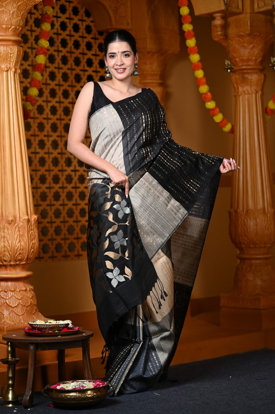 Durva Premium ~ Handloom Pure Soft Silk Saree in Black Grey (Limited Edition)