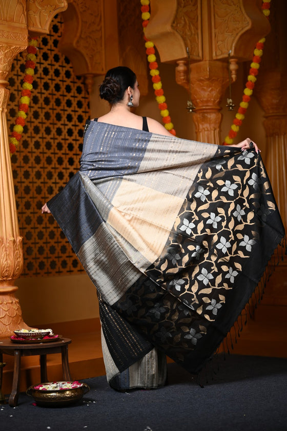 Durva Premium ~ Handloom Pure Soft Silk Saree in Black Grey (Limited Edition)