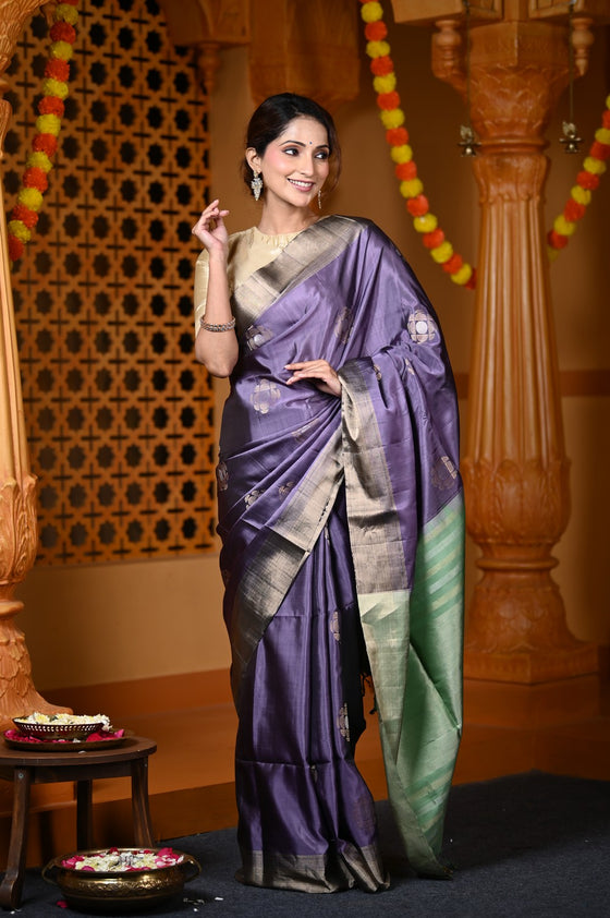 Durva Premium ~ Handloom Pure Soft Silk Saree in Purple Green (Limited Edition)