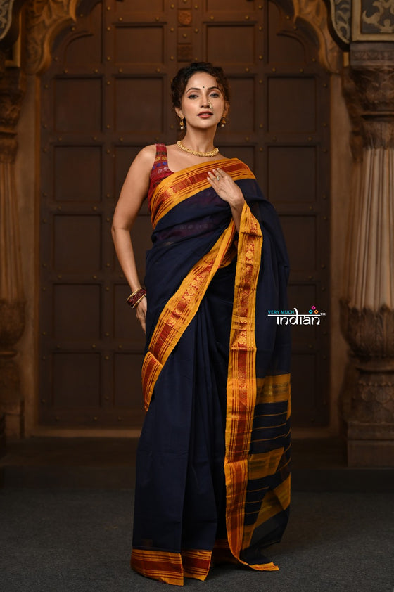 Parampara ~ Pure Cotton Saree in Regal Dark Blue with Zari Border & Pallu