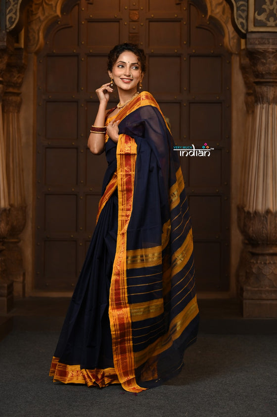 Parampara ~ Pure Cotton Saree in Regal Dark Blue with Zari Border & Pallu