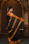 Parampara ~ Pure Cotton Saree in Regal Dark Blue with Zari Border & Pallu