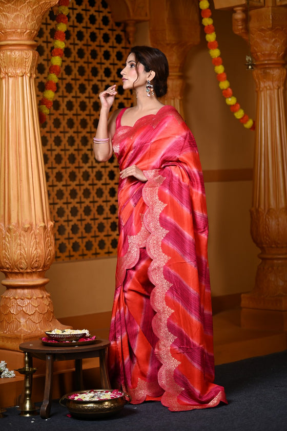 Durva Premium ~ Viscose Hand-dyed Rangkaath Saree with Cut Work Border in Shades of Pink and Orange