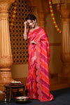 Durva Premium ~ Viscose Hand-dyed Rangkaath Saree with Cut Work Border in Shades of Pink and Orange