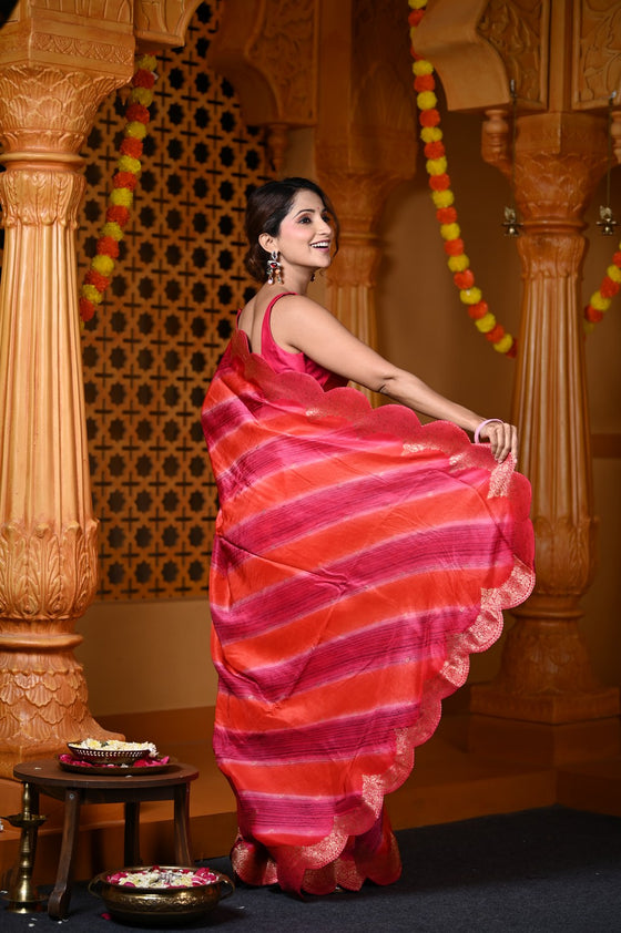 Durva Premium ~ Viscose Hand-dyed Rangkaath Saree with Cut Work Border in Shades of Pink and Orange