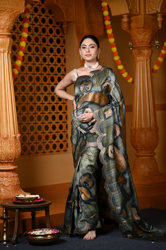 Durva Premium ~ Viscose Hand-dyed Rangkaath Saree with Cut Work Border in Shades of Grey and Gold