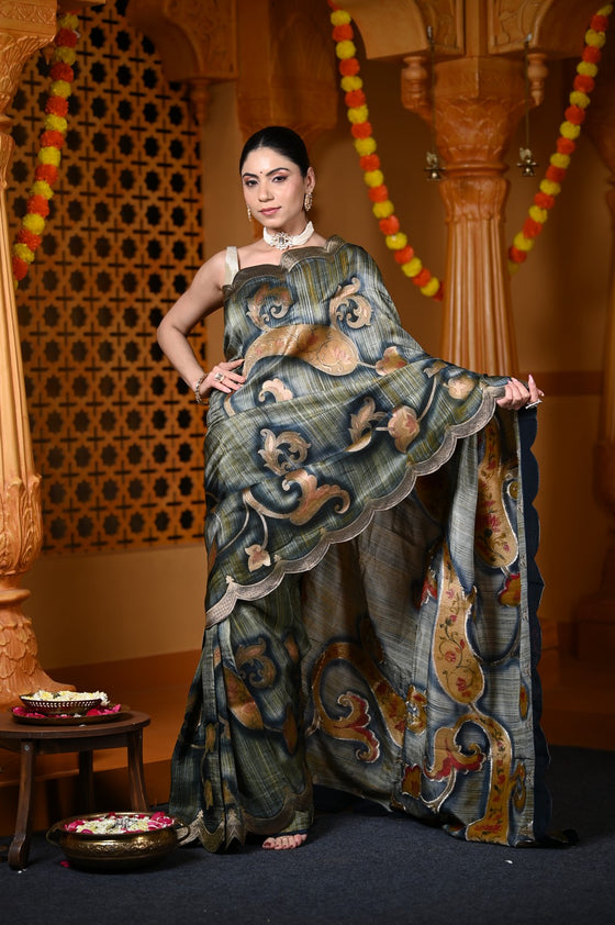 Durva Premium ~ Viscose Hand-dyed Rangkaath Saree with Cut Work Border in Shades of Grey and Gold