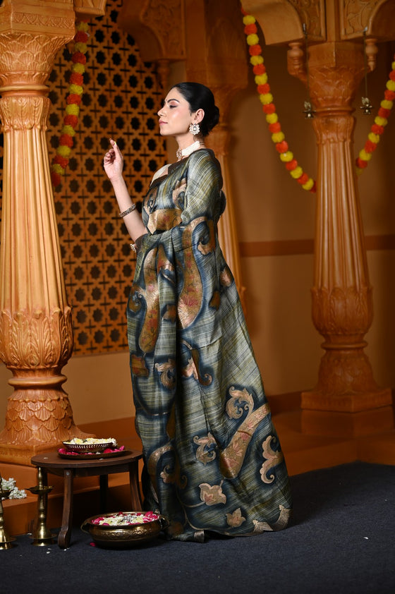 Durva Premium ~ Viscose Hand-dyed Rangkaath Saree with Cut Work Border in Shades of Grey and Gold