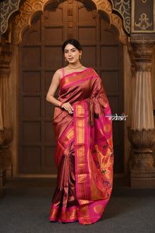  Parampara ~ Brocade Pure Silk Handloom Maharani Paithani - A Royal Weave of Elegance in Majestic Wine with Pink