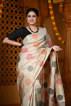 Durva Premium ~ Handloom Pure Soft Silk Saree in Ivory with Black Red Polkas (Limited Edition)