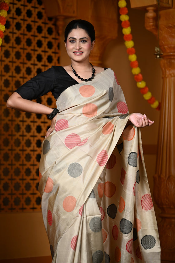 Durva Premium ~ Handloom Pure Soft Silk Saree in Ivory with Black Red Polkas (Limited Edition)