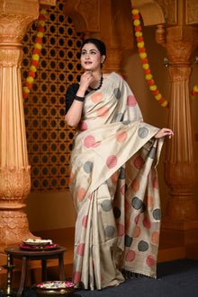  Durva Premium ~ Handloom Pure Soft Silk Saree in Ivory with Black Red Polkas (Limited Edition)