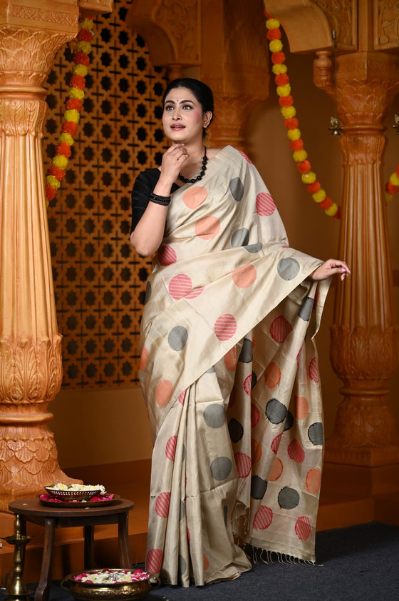 Durva Premium ~ Handloom Pure Soft Silk Saree in Ivory with Black Red Polkas (Limited Edition)