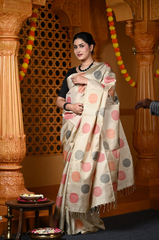Durva Premium ~ Handloom Pure Soft Silk Saree in Ivory with Black Red Polkas (Limited Edition)
