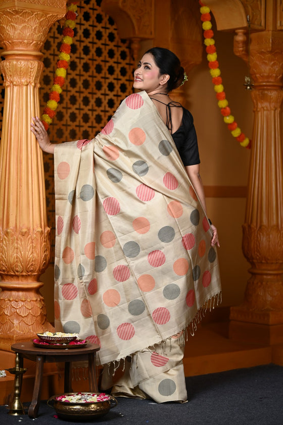 Durva Premium ~ Handloom Pure Soft Silk Saree in Ivory with Black Red Polkas (Limited Edition)
