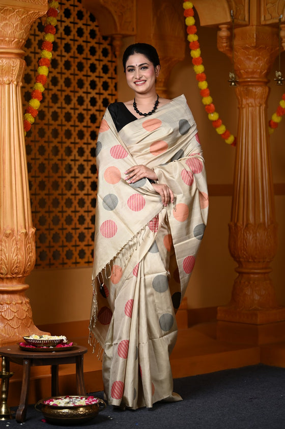 Durva Premium ~ Handloom Pure Soft Silk Saree in Ivory with Black Red Polkas (Limited Edition)
