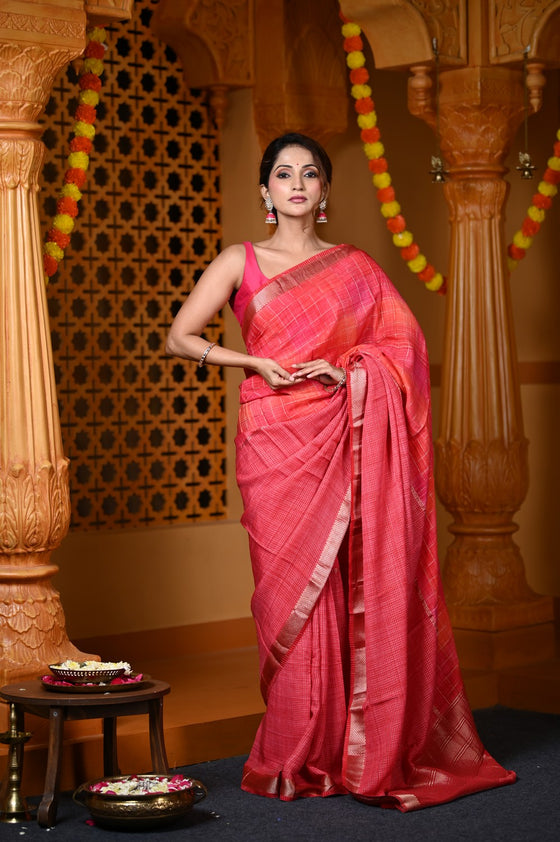 Durva Premium~ Viscose Hand-dyed Rangkaath Saree in Checks Orange Pink