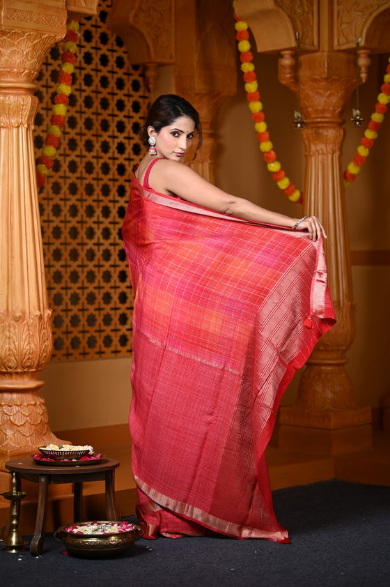 Durva Premium~ Viscose Hand-dyed Rangkaath Saree in Checks Orange Pink