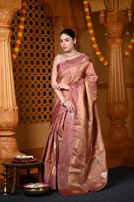 Durva Premium ~ Handloom Pure Soft Silk Tissue Saree in Slaked Brown (Designer Limited Edition)