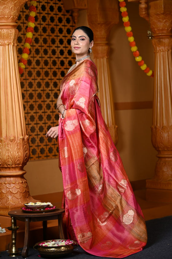 Durva Premium~ Viscose Hand-dyed Rangkaath Saree in Shades of Pink and Orange