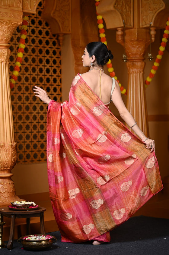 Durva Premium~ Viscose Hand-dyed Rangkaath Saree in Shades of Pink and Orange