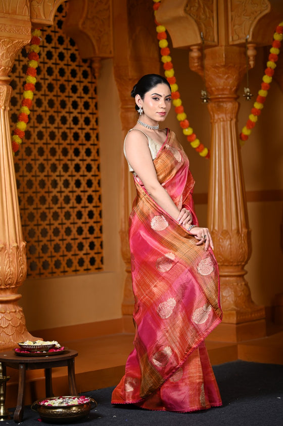 Durva Premium~ Viscose Hand-dyed Rangkaath Saree in Shades of Pink and Orange