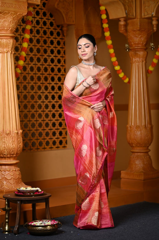 Durva Premium~ Viscose Hand-dyed Rangkaath Saree in Shades of Pink and Orange