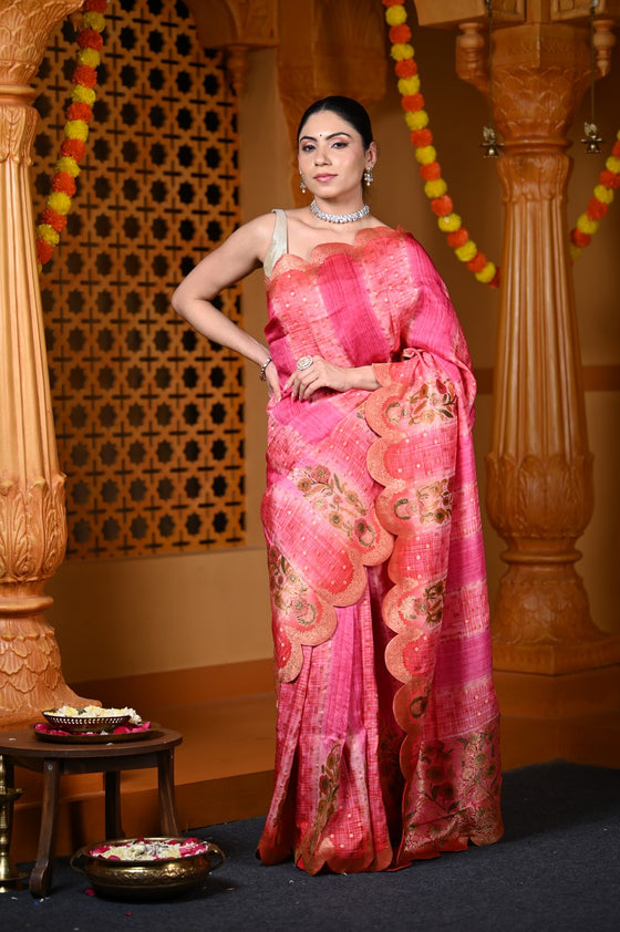 Durva Premium ~ Viscose Hand-dyed Rangkaath Saree with Cut Work Border in Shades of Bright Pink