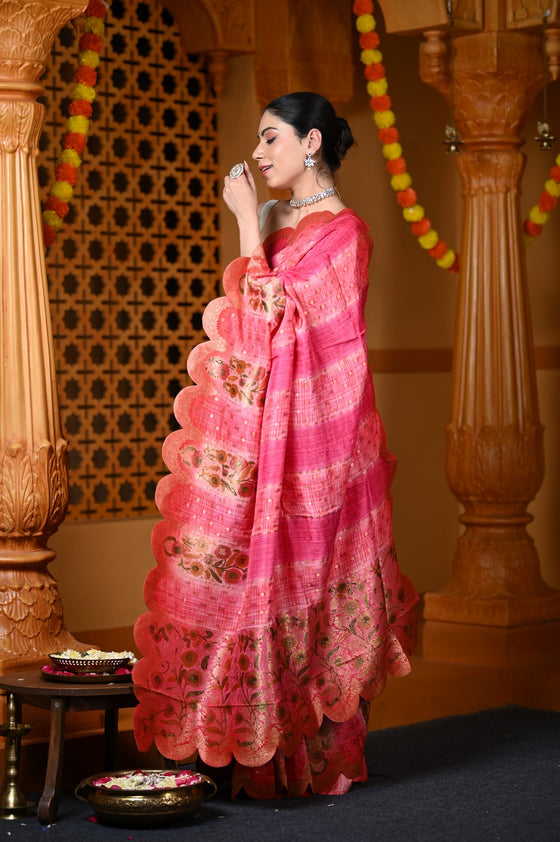 Durva Premium ~ Viscose Hand-dyed Rangkaath Saree with Cut Work Border in Shades of Bright Pink