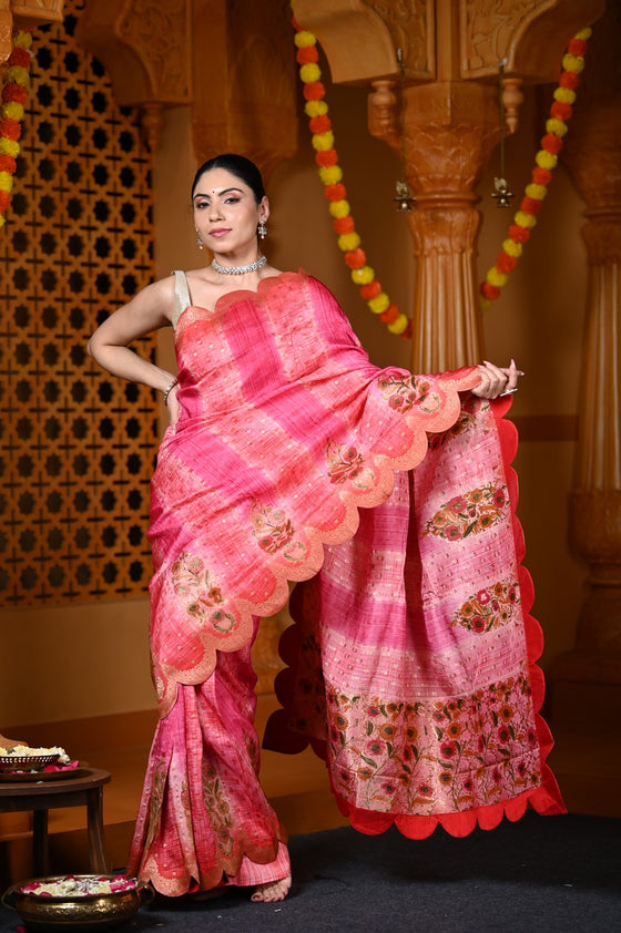 Durva Premium ~ Viscose Hand-dyed Rangkaath Saree with Cut Work Border in Shades of Bright Pink