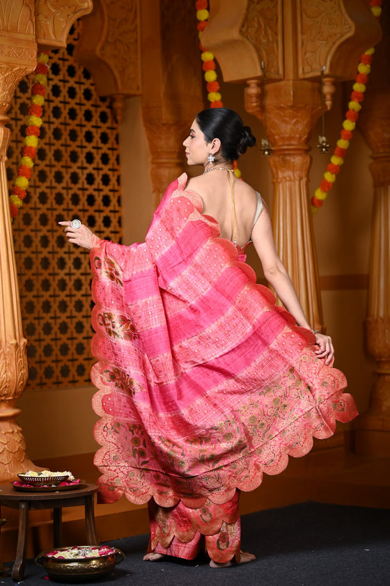 Durva Premium ~ Viscose Hand-dyed Rangkaath Saree with Cut Work Border in Shades of Bright Pink