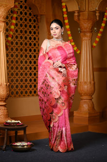  Durva Premium ~ Viscose Hand-dyed Rangkaath Saree with Cut Work Border in Shades of Bright Pink
