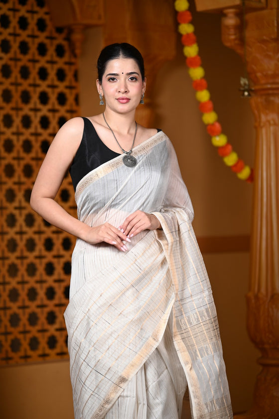 Durva Premium ~ Handloom Cotton Silk with Sleek Designer Border in White