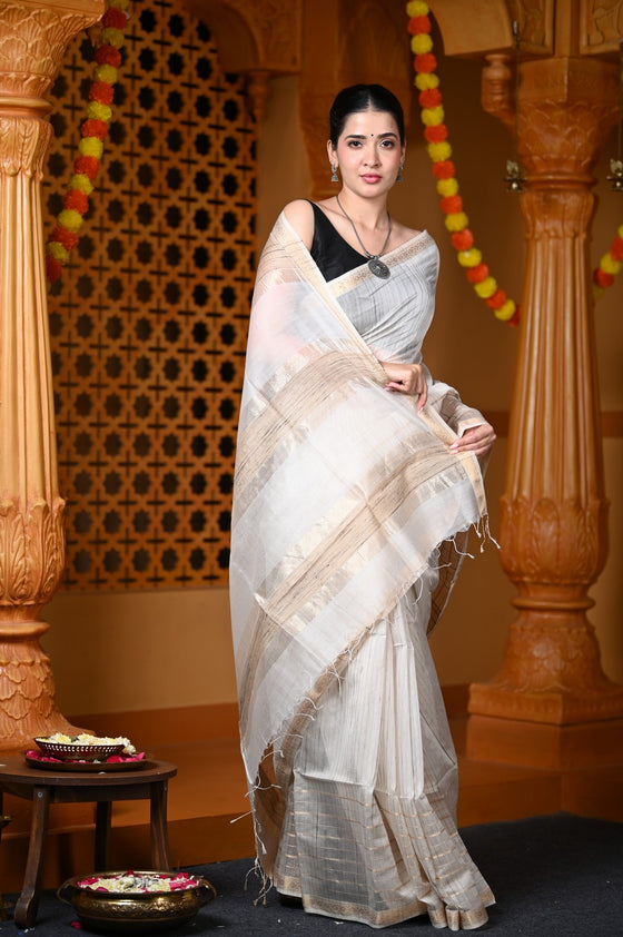 Durva Premium ~ Handloom Cotton Silk with Sleek Designer Border in White