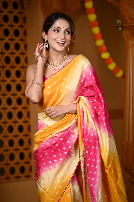 Durva Premium ~ Viscose Hand-dyed Saree in Monochrome Yellow Bright Pink