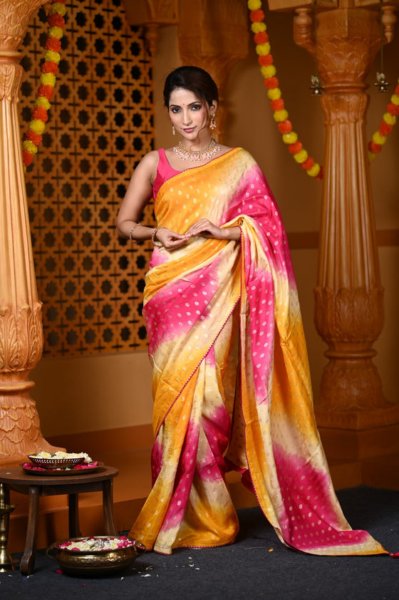 Durva Premium ~ Viscose Hand-dyed Saree in Monochrome Yellow Bright Pink