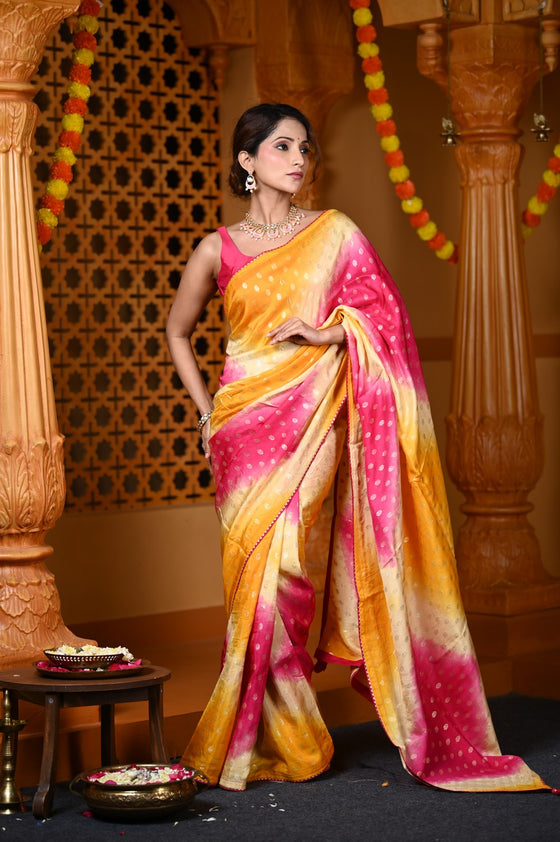 Durva Premium ~ Viscose Hand-dyed Saree in Monochrome Yellow Bright Pink