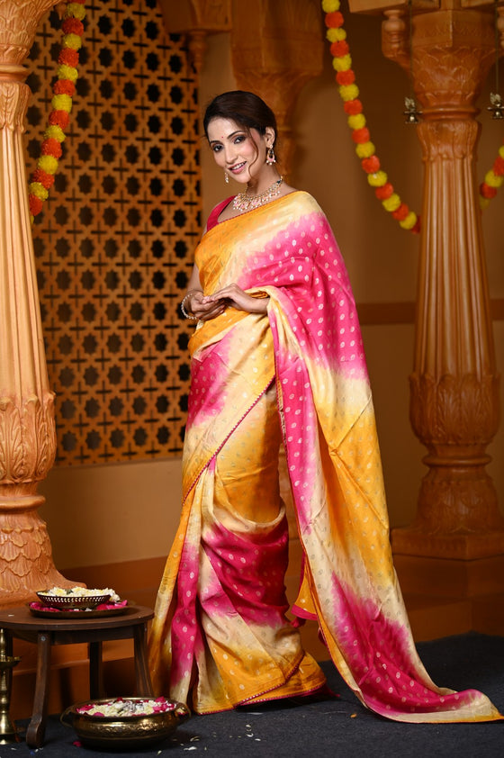 Durva Premium ~ Viscose Hand-dyed Saree in Monochrome Yellow Bright Pink