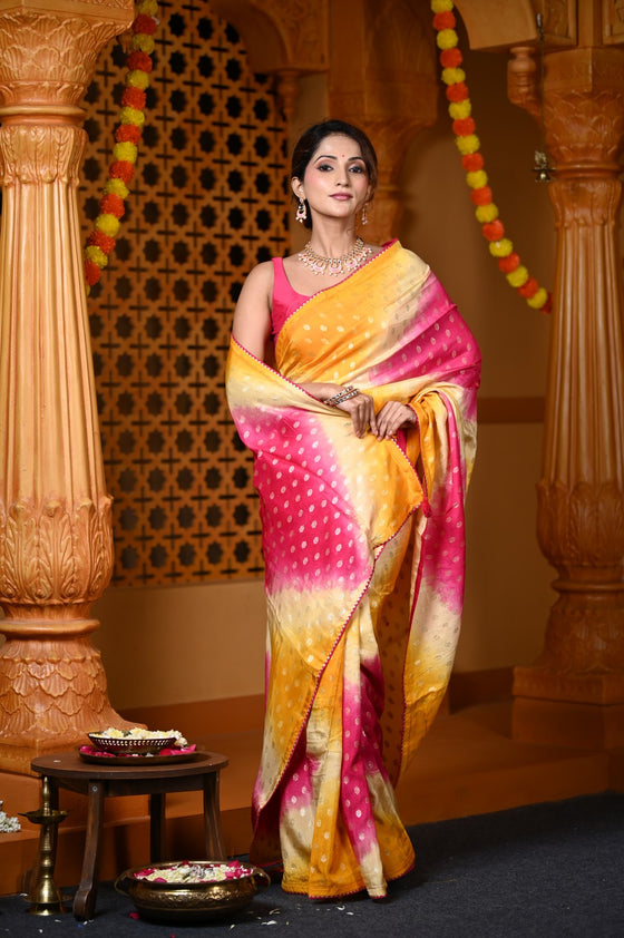 Durva Premium ~ Viscose Hand-dyed Saree in Monochrome Yellow Bright Pink
