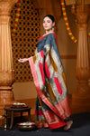 Durva Premium~ Viscose Hand-dyed Rangkaath Saree in Shades of Grey and Red