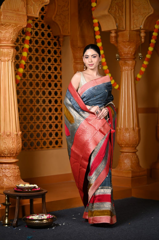 Durva Premium~ Viscose Hand-dyed Rangkaath Saree in Shades of Grey and Red