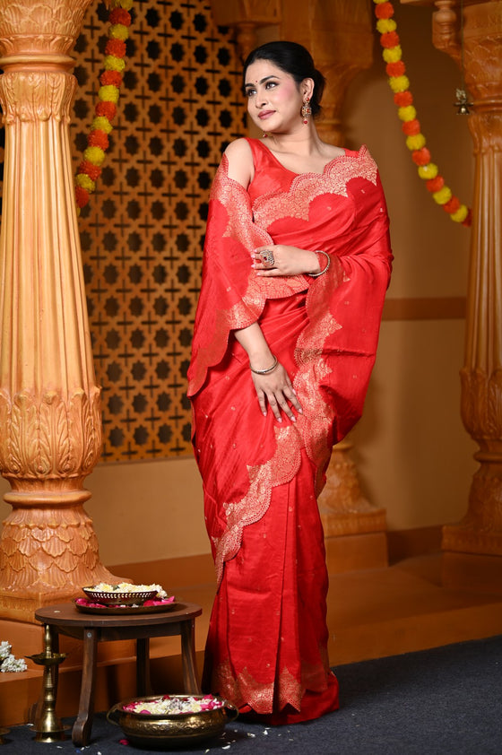 Durva Premium ~ Viscose Hand-dyed Rangkaath Saree with Cut Work Border in Rose Red