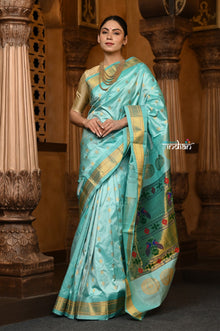  Parampara Revival ~ Handloom Pure Silk Maharani Paithani with Majestic Maharani Pallu in Sea Green