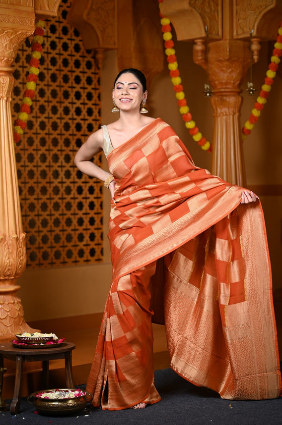Durva Premium~ Viscose Georgette Hand-dyed Rangkaath Saree in Checkerds Orange (Vegan Weave)