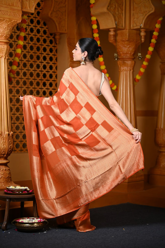 Durva Premium~ Viscose Georgette Hand-dyed Rangkaath Saree in Checkerds Orange (Vegan Weave)