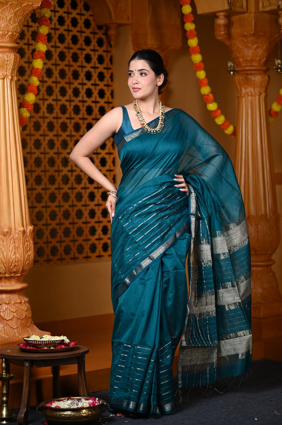 Durva Premium ~ Handloom Cotton Silk with Sleek Designer Border in Azure Blue