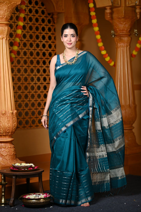 Durva Premium ~ Handloom Cotton Silk with Sleek Designer Border in Azure Blue