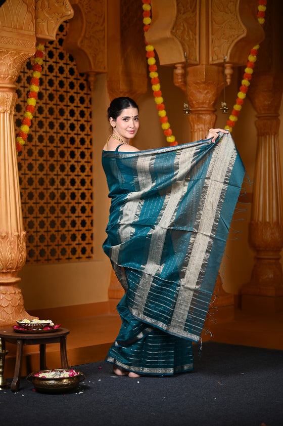 Durva Premium ~ Handloom Cotton Silk with Sleek Designer Border in Azure Blue