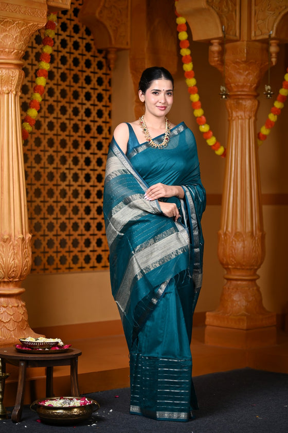 Durva Premium ~ Handloom Cotton Silk with Sleek Designer Border in Azure Blue