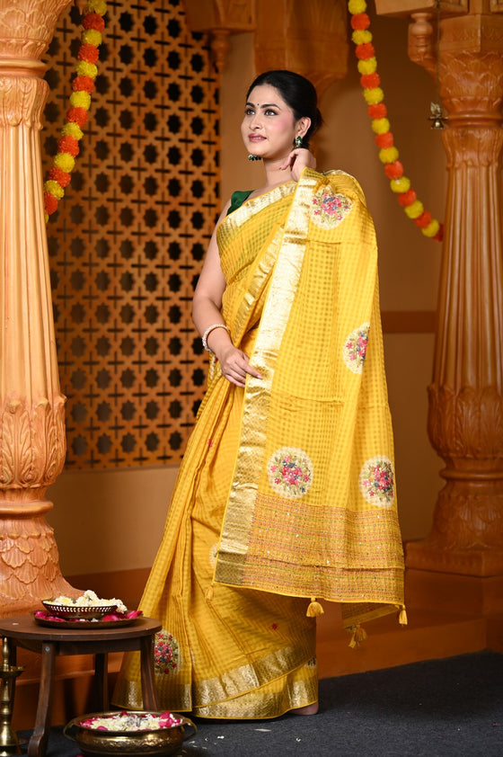 Durva Premium~ Viscose Hand-dyed Rangkaath Saree in Ginseng Yellow
